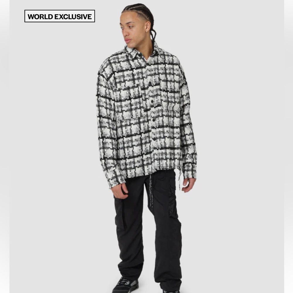 MNML Men’s Raw Edge Flannel Shirt White And Black Size Small‎